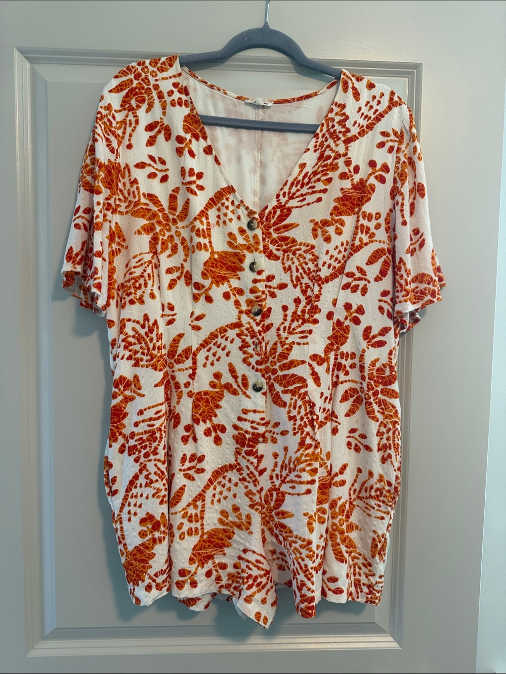 V-Neck Short Sleeve Romperwith Orange Leaf Print
